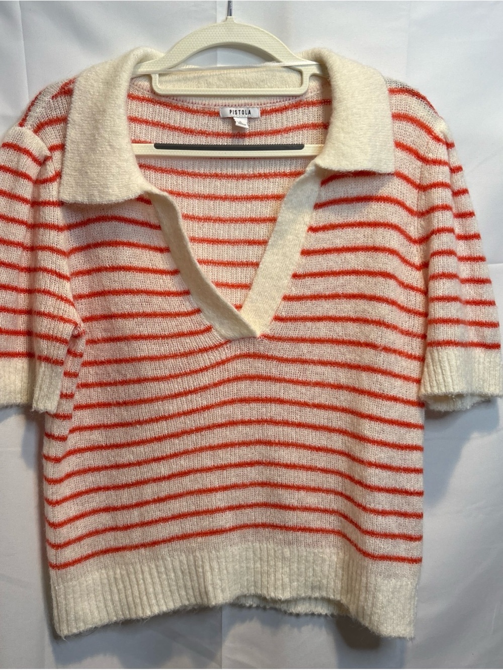 pistola Cream Sweater with Orange Stripe V-Neck Collar